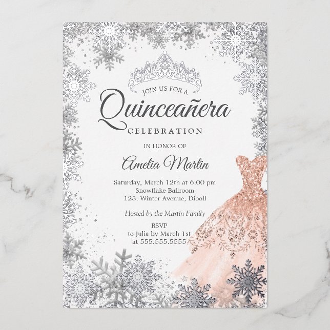 Elegant Rose Gold Winter Snowflake Quinceanera Foil Invitation (Front)