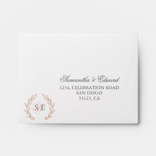 Elegant Rose Gold Wreath Monogram Wedding RSVP  Envelope