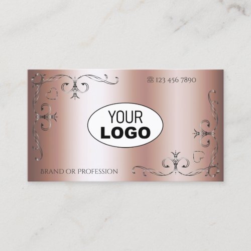 Elegant Rose Golden Silver Ornate Corners Add Logo Business Card