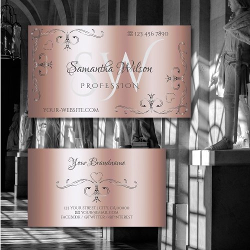 Elegant Rose Golden Silver Ornate Corners Initials Business Card