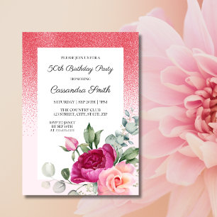 Elegant Rose Greenery Floral Red Glitter Birthday Invitation