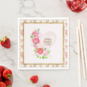 Elegant Rose Heart Happy Mother’s Day Party Napkins