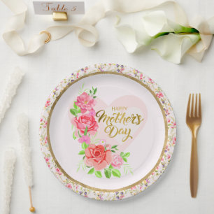 Elegant Rose Heart Happy Mother’s Day Party Paper Plates