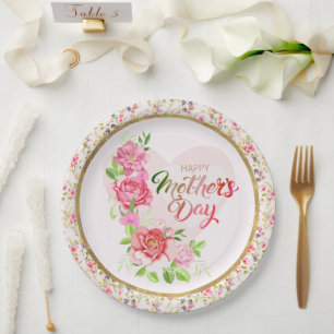 Elegant Rose Heart Happy Mother’s Day Party Paper Plates