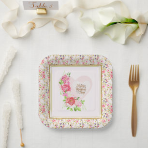 Elegant Rose Heart Happy Mother’s Day Party Paper Plates