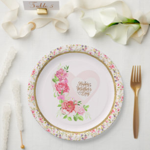 Elegant Rose Heart Happy Mother’s Day Party Paper Plates