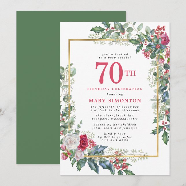 Elegant Rose Holly Berries 70th Birthday Party Invitation (Front/Back)