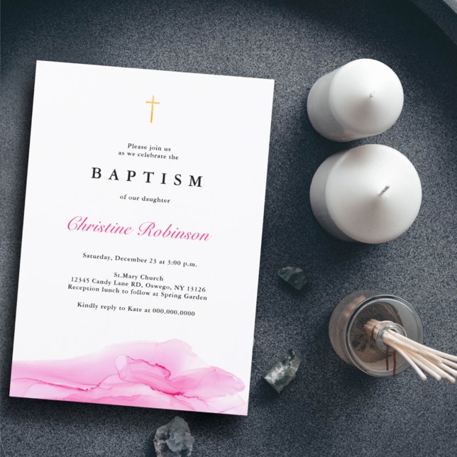Elegant Rose Ink Gold Cross Baptism & Christening  Invitation (Creator Uploaded)