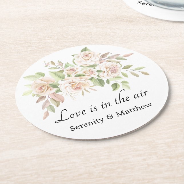 Elegant Rose Love Blush Pink Floral Wedding Round  Round Paper Coaster (Angled)