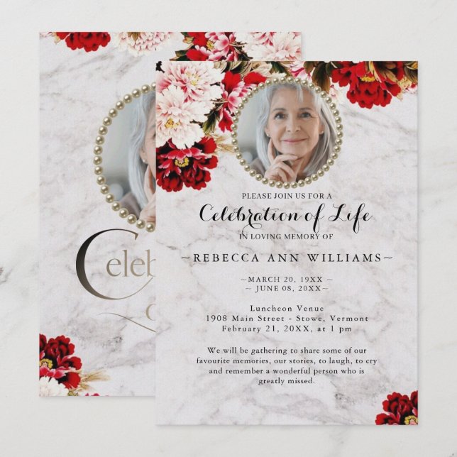 Elegant Rose Marble Celebration of Life Invitation (Front/Back)