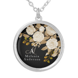 Elegant Rose Monogram Black Silver Plated Necklace