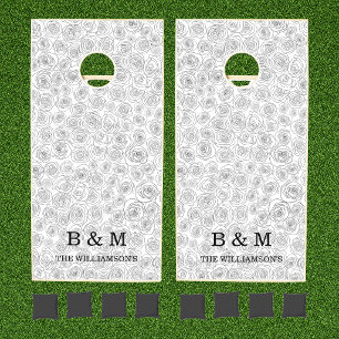 Elegant Rose Monogram Black White Wedding Cornhole Set