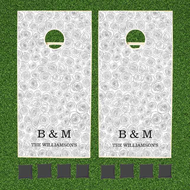Elegant Rose Monogram Black White Wedding Cornhole Set (Creator Uploaded)