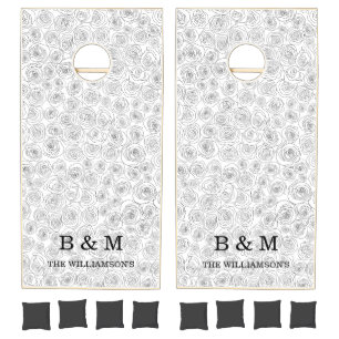 Elegant Rose Monogram Black White Wedding Cornhole Set