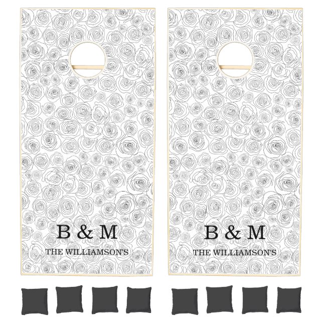 Elegant Rose Monogram Black White Wedding Cornhole Set (Set)