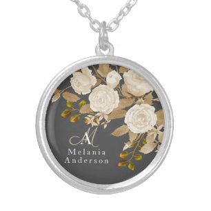 Elegant Rose Monogram Grey Silver Plated Necklace