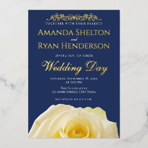 Elegant Rose Ornament Navy Blue Wedding Gold  Foil Invitation