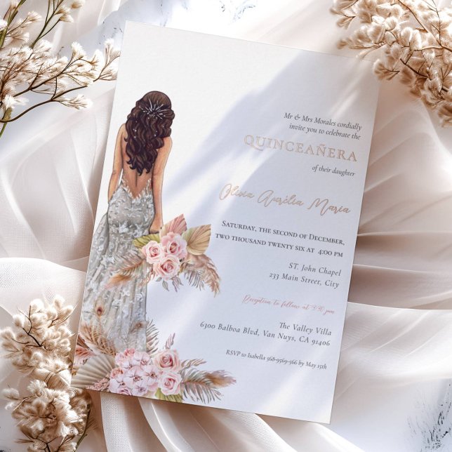 Elegant Rose Pampas Grass Dress Quinceanera Foil Invitation (Creator Uploaded)