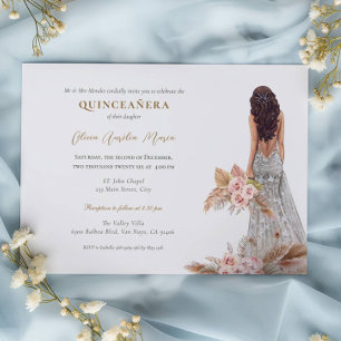 Elegant Rose Pampas Grass Dress Quinceanera Invitation