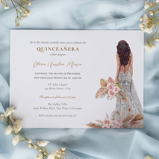 Elegant Rose Pampas Grass Dress Quinceanera Invitation (Creator Uploaded)