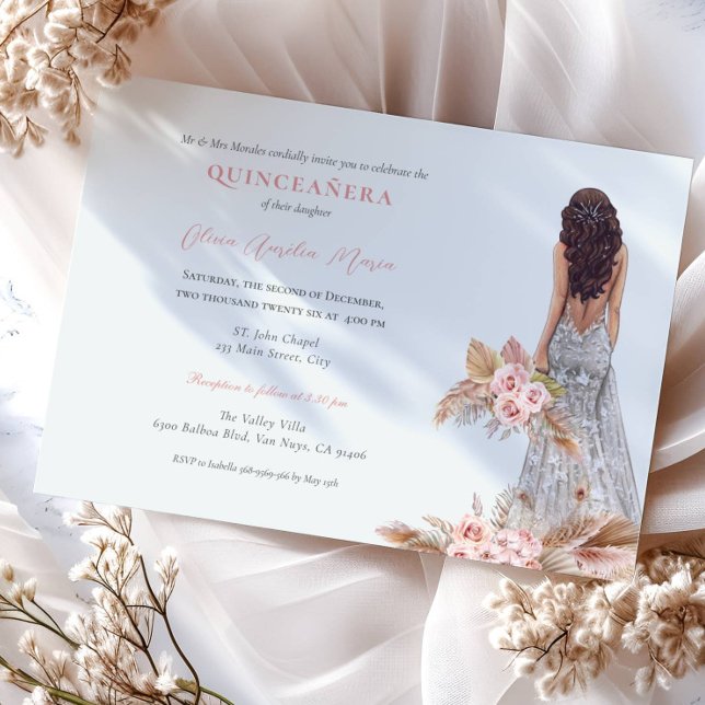 Elegant Rose Pampas Grass Dress Quinceanera Invitation (Creator Uploaded)