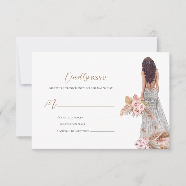 Elegant Rose Pampas Grass Dress Quinceañera RSVP Card (Front)
