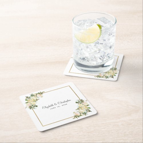 Elegant Rose  Personalized Wedding White Square Paper Coaster