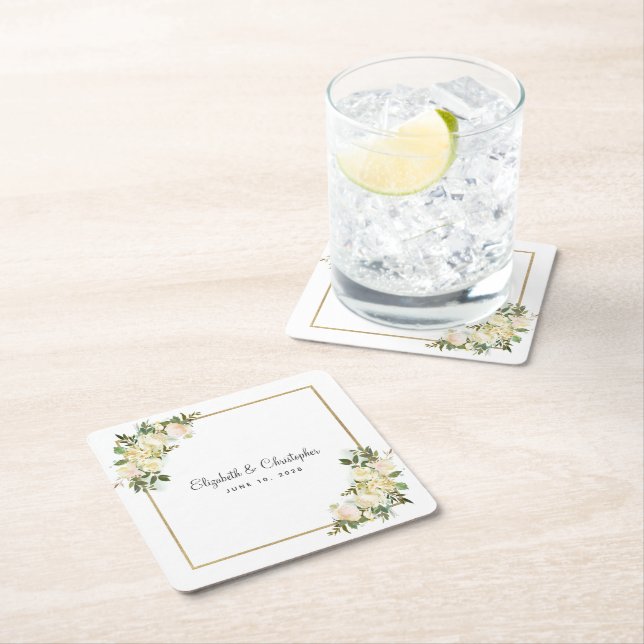 Elegant Rose | Personalized Wedding White Square Paper Coaster (Insitu)
