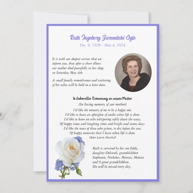 Elegant Rose Photo Frame Death  Announcement (Front)