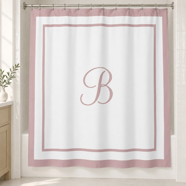Elegant Rose Pink Border Script Monogram Shower Curtain (Creator Uploaded)