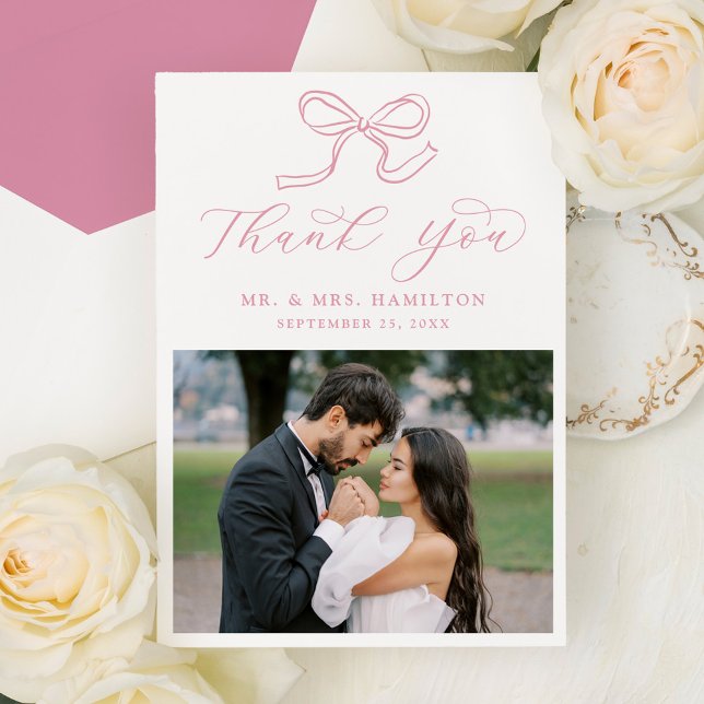 Elegant Rose Pink Bow Photo Wedding Thank You Card (Creator Uploaded)