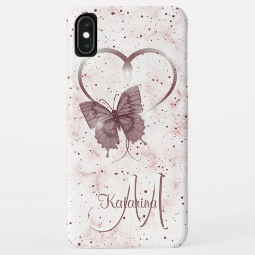 Elegant Rose Pink Butterfly Heart Marble Monogram iPhone XS Max Case