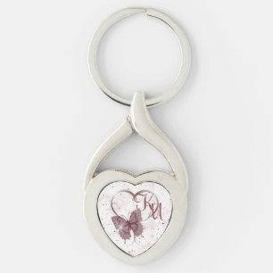 Elegant Rose Pink Butterfly, Heart Marble Monogram Keychain