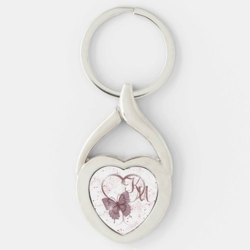 Elegant Rose Pink Butterfly Heart Marble Monogram Keychain