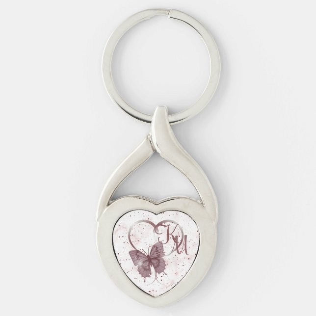 Elegant Rose Pink Butterfly, Heart Marble Monogram Keychain (Front)
