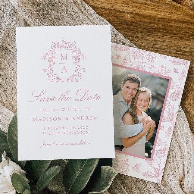 Elegant Rose Pink Chinoiserie Floral Photo Wedding Save The Date (Creator Uploaded)