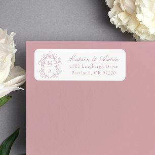Elegant Rose Pink Crest Monogram Wedding Address Label