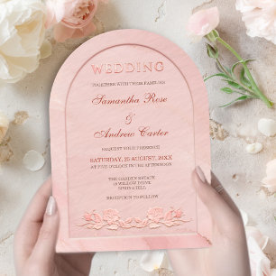 Elegant Rose Pink Embossed Arch Wedding Invitation
