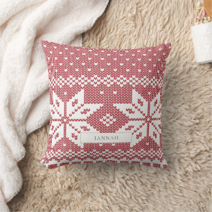 Elegant Rose Pink Fair Isle Snowflake Throw Pillow