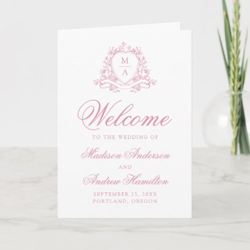 Elegant Rose Pink Floral Crest Monogram Wedding Program