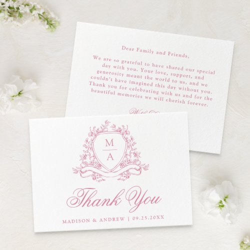 Elegant Rose Pink Floral Crest Monogram Wedding Thank You Card