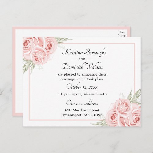 Elegant Rose Pink Floral Just Married Wedding  Announcement Postcard