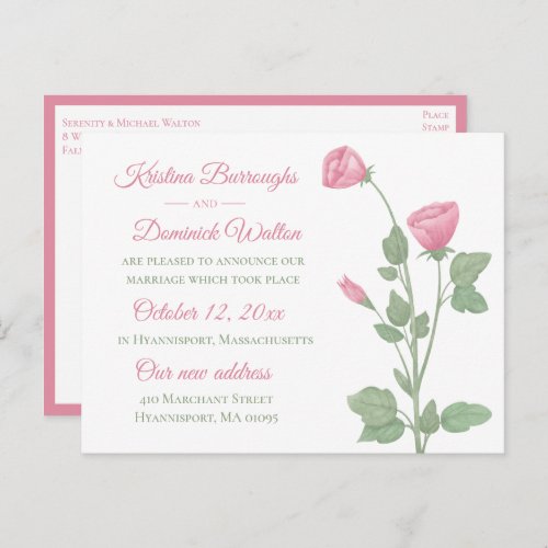 Elegant Rose Pink Floral Just Married Wedding Announcement Postcard