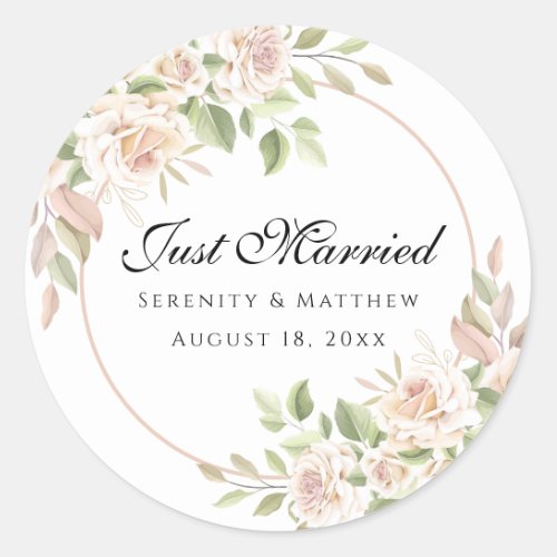 Elegant Rose Pink Floral Just Married Wedding Clas Classic Round Sticker