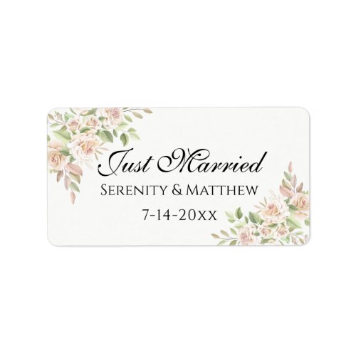 Elegant Rose Pink Floral Just Married Wedding Label