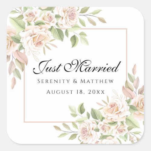 Elegant Rose Pink Floral Just Married Wedding  Square Sticker