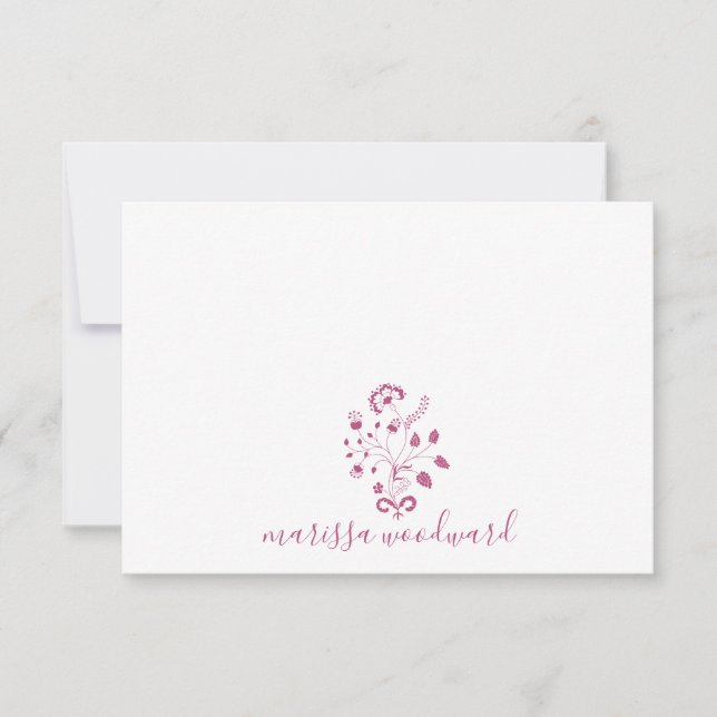 Elegant Rose Pink Floral Vine Script Name Note Card (Front)