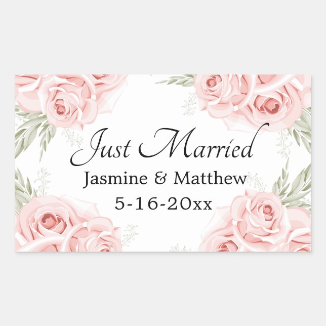 Elegant Rose Pink Floral Wedding Just Married Clas Rectangular Sticker (Front)