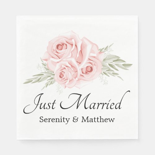 Elegant Rose Pink Floral Wedding Just Married Napkins