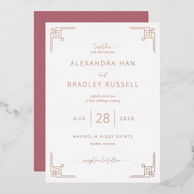 Elegant Rose Pink Geometric Foil Invitation (Front/Back)